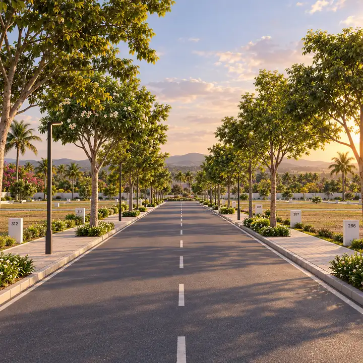 Sattva Dabaspete tree-lined internal avenue with footpaths and street lights between marked plots, artist's impression