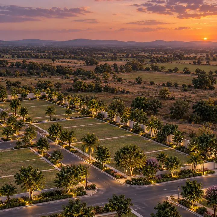 Sattva Dabaspete plots and lit internal roads at dusk with open countryside and a distant hill beyond, artist's impression