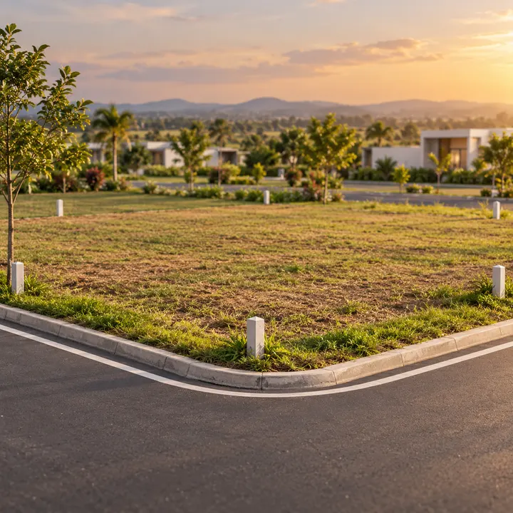 Sattva Dabaspete levelled corner plot with boundary stones beside a kerbed internal road, artist's impression